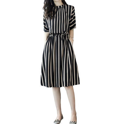 Summer Dress 2022 Korean-style Waist Elegant Fashionable Casual Loose Mid-length Vertical Stripe Dress for Women White  - Image 2