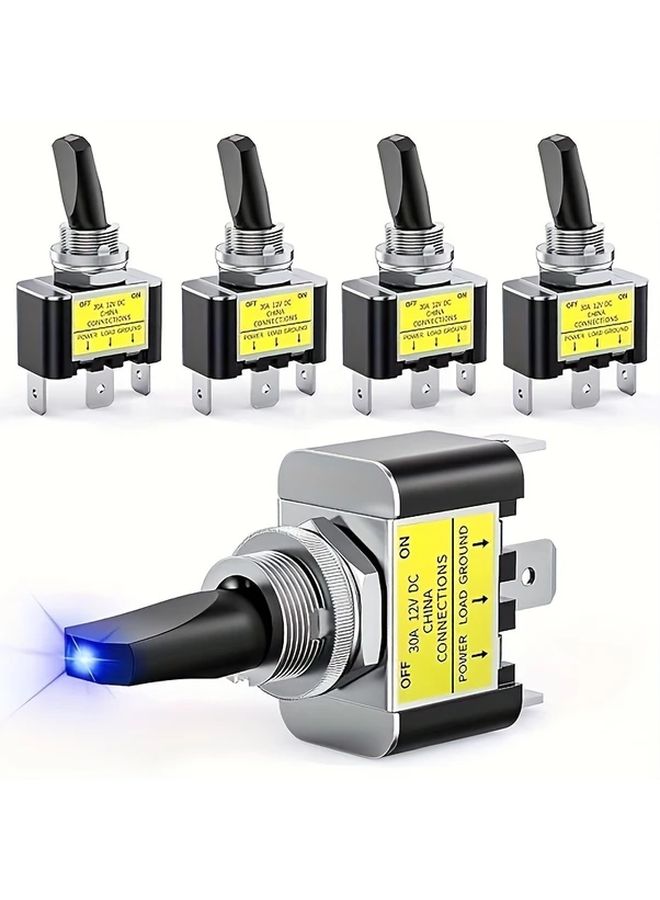 مجموعة من 5 مفاتيح تبديل LED زرقاء 12V 30A شديدة التحمل SPST ذات 3 أسنان مع فتحة تثبيت بقطر 12 مم للسيارات والشاحنات والقوارب وسيارات السباق - Image 1