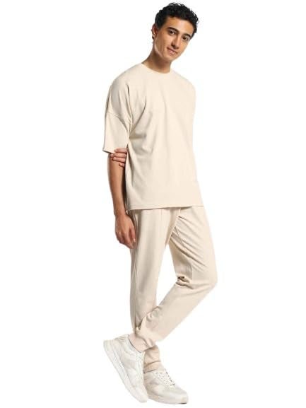NOBERO Men Cotton Blend Solid Sand Oversized Moses - Brown Popcorn Textured Co-Ord Set - Crew-Neck T-Shirt & Joggers Set - Image 5