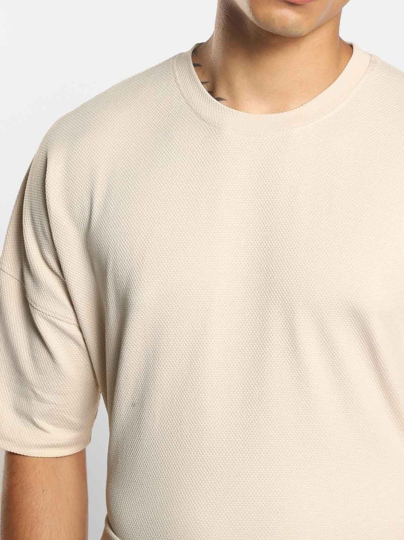 NOBERO Men Cotton Blend Solid Sand Oversized Moses - Brown Popcorn Textured Co-Ord Set - Crew-Neck T-Shirt & Joggers Set - Image 2