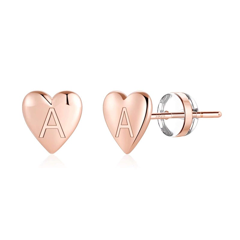 Turandoss Heart Initial Stud Earrings for Girls, S925 Sterling Silver Post Rose Gold Plated Dainty Girls Earrings Hypoallergenic Letter A Initial Earrings for Women Girls Earrings - Image 1