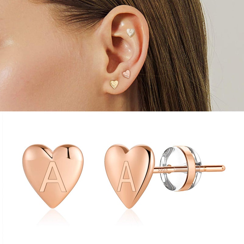 Turandoss Heart Initial Stud Earrings for Girls, S925 Sterling Silver Post Rose Gold Plated Dainty Girls Earrings Hypoallergenic Letter A Initial Earrings for Women Girls Earrings - Image 4