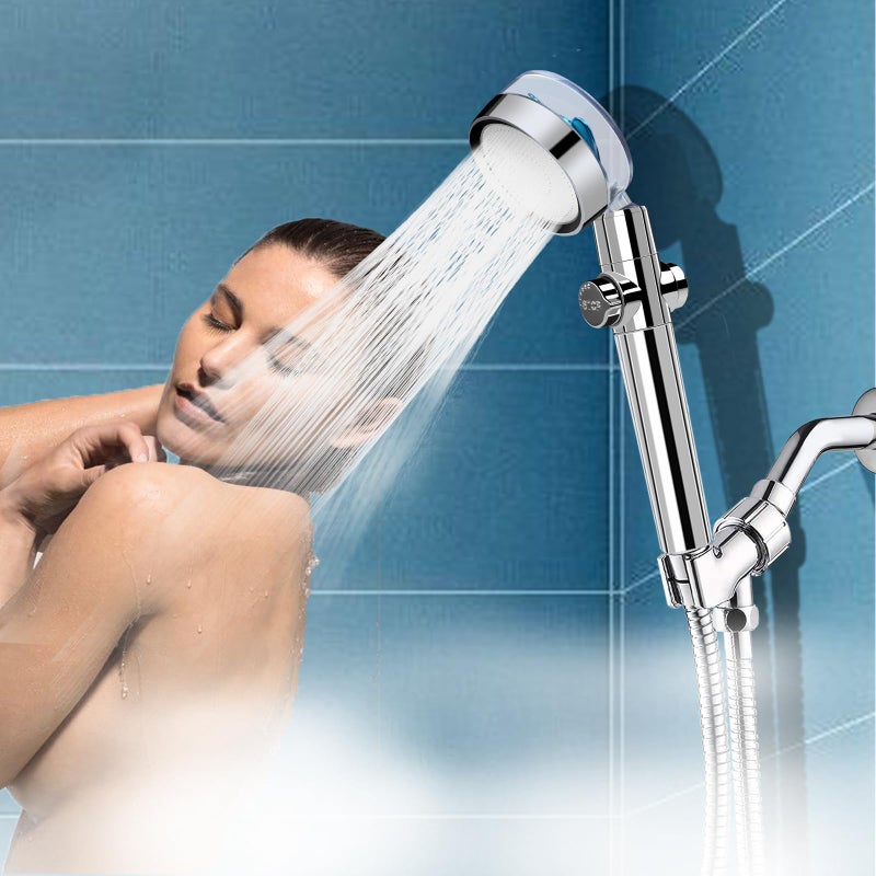Besititli High Pressure Shower Heads Handheld Turbo Fan Shower Hydro Jet Shower Head Kit With Replacement Hose/Bracket/Cotton Filters And Bath Loofah One Key Pause Switch 360 Degrees Rotating - Image 4
