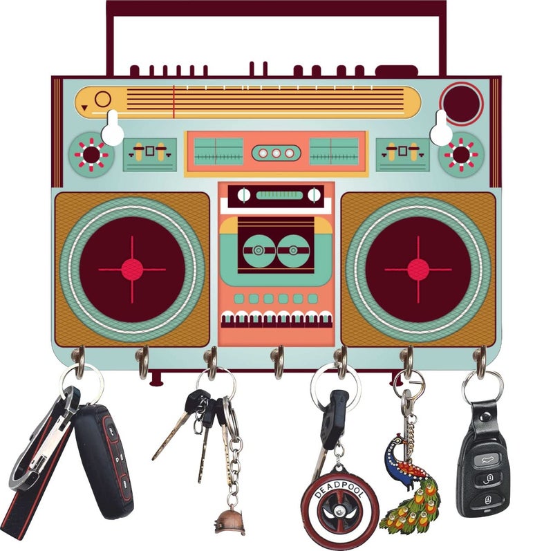 Webelkart Premium HD UV Printed Retro Radio Shaped Keys Wooden Key Holder (12 Inch x 10 Inch, Wood, Multicolor)- 7 Hooks - Image 2