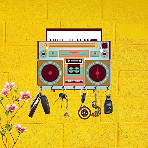 Webelkart Premium HD UV Printed Retro Radio Shaped Keys Wooden Key Holder (12 Inch x 10 Inch, Wood, Multicolor)- 7 Hooks - Image 1