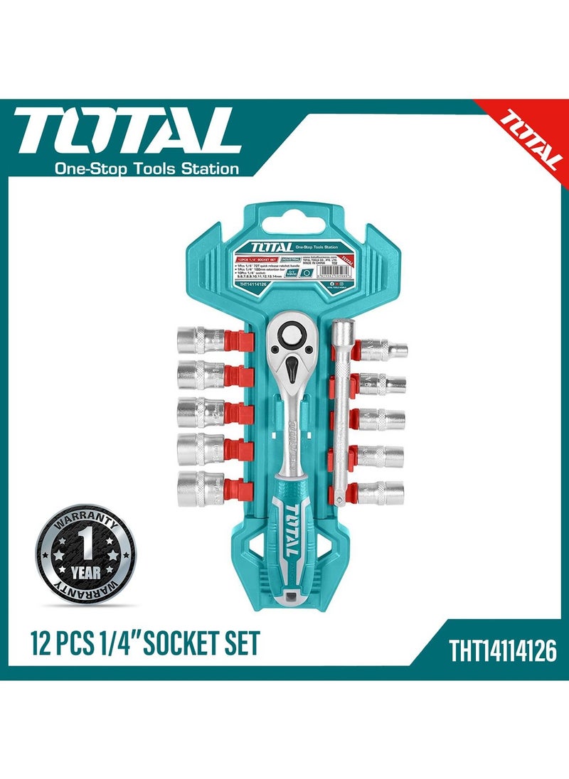TOTAL Total Socket Set Tool - THT14114126 TOTAL Premium Quality 12 Pcs 1/4″ Chromium-Vanadium  - Image 1