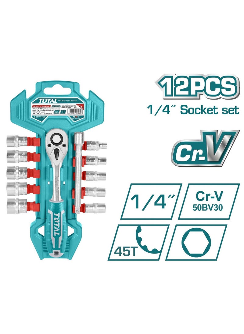 TOTAL - Total Socket Set Tool - THT14114126 TOTAL Premium Quality 12 Pcs 1/4″ Chromium-Vanadium - Image 1