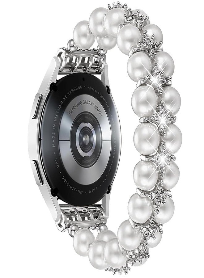 DEALELE Bands Beaded Compatible with Samsung Galaxy Watch 7 / FE / 6/5 / 4 40mm / 44mm / 6/4 Classic, 20mm Bling Rhinestone Duoble-Row Pearls Elastic Bracelet for Huawei GT3 42mm Women, White - Image 1