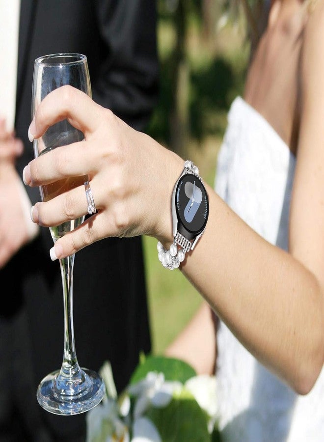 DEALELE Bands Beaded Compatible with Samsung Galaxy Watch 7 / FE / 6/5 / 4 40mm / 44mm / 6/4 Classic, 20mm Bling Rhinestone Duoble-Row Pearls Elastic Bracelet for Huawei GT3 42mm Women, White - Image 2