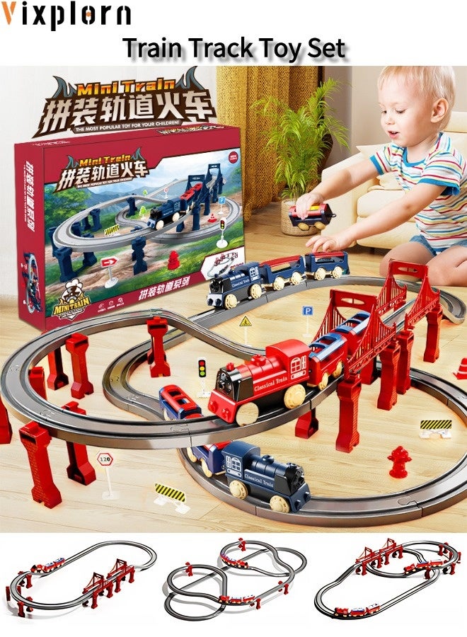 Vixplorn 110CM Train Rail Set, Electric Train Toys Sets, Battery Operated Train Set with Tracks Magnetic Connection, DIY Rail Car Children's Toys with Bridge & Accessories,Birthday present Toys for boys for Ages 3 Years+ (70PCS) - Image 1