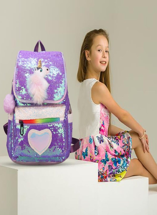 ADSON Reversible Holographic Sequin Sequence Unicorn School Backpack Bag for Girls (Metallic Purple) - Image 5