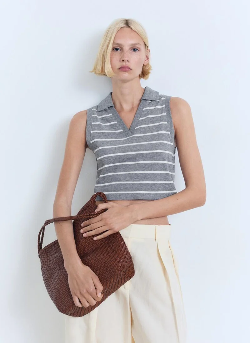 مانجو Striped cropped polo shirt