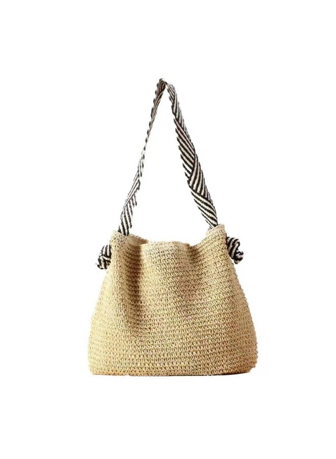 Handcrafted Naval Style Straw Woven Bag Urban Simplicity Large Size Soft Magnetic Buckle Closure Shoulder Beach Vacation Bag-Color:Stripe (creamy-white) - Image 1
