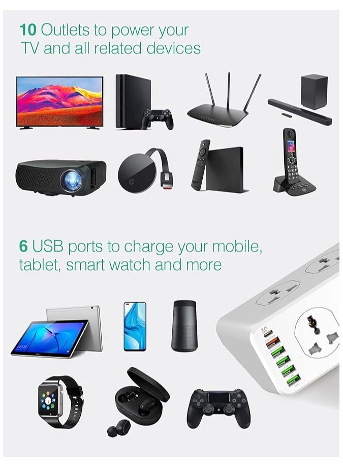 10-Way Power Extension Cord Surge Protector Strip with USB-C PD (30W) – 2M Cable  - Image 3