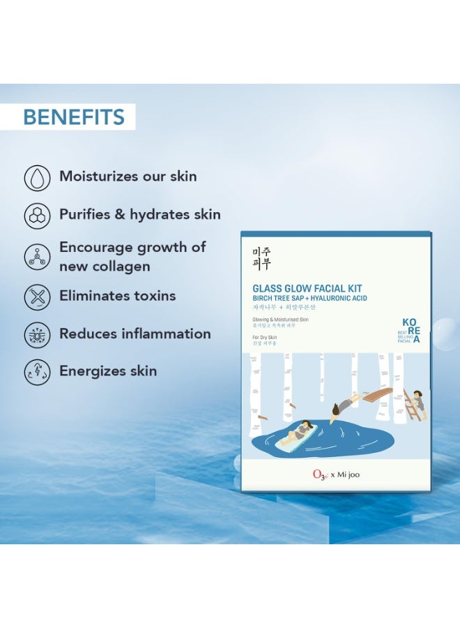 O3+ Mijoo Korea Glass Glow Facial Kit with Birch Tree Sap & Hylaluronic Acid - Ideal for Dry Skin - Image 3