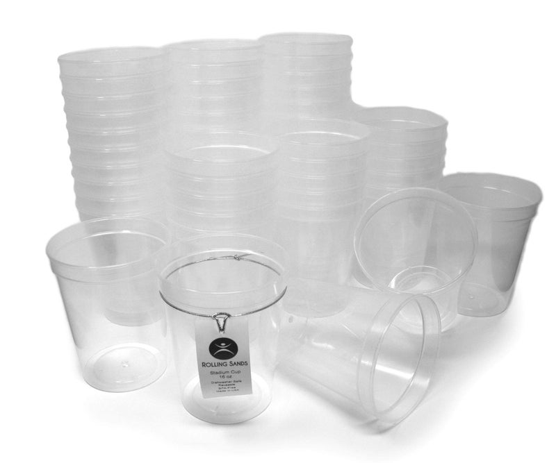 Rolling Sands 16 Oz Reusable Plastic Stadium Cups Bulk 50 Pk USA Made BPAFree Dishwasher Safe Plastic Tumblers Clear