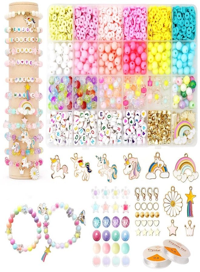 MOSPROS مجموعة صنع أساور من خرز الطين للبنات - خرز بوليمر بألوان الباستيل، حروف، لؤلؤ، وزهور - تعليقات على شكل وحيد القرن، لوازم حرفية يدوية لصنع المجوهرات، فنون وحرف يدوية للأطفال - Image 1