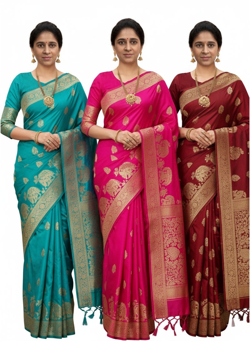 Women's Banarasi Silk Saree with Rich Pallu & Blouse Piece - Perfect for Weddings, Festivals & Parties, SM 9016 Falls and Pico Stitched - Image 3