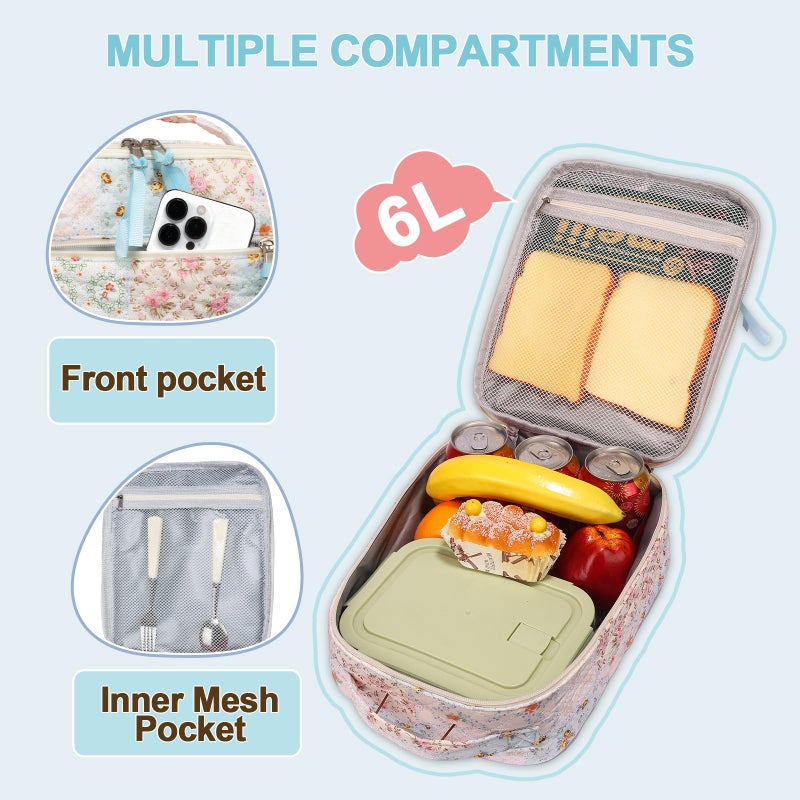 shiprabags Cotton Quilted Lunch Box for Women, Cute Insulated Lunch Bag, Coloful Floral Lunch Tote Bag for Work Picnic Travel Office (coloful floral, M) - Image 3