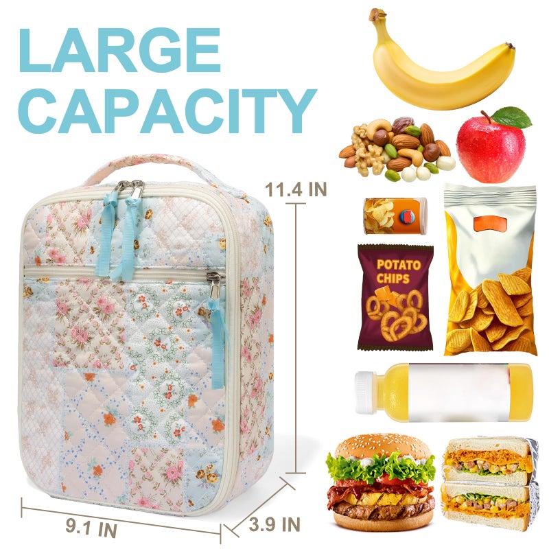 shiprabags Cotton Quilted Lunch Box for Women, Cute Insulated Lunch Bag, Coloful Floral Lunch Tote Bag for Work Picnic Travel Office (coloful floral, M) - Image 2