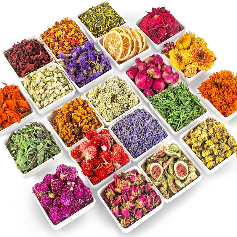 JAZIPO Latest 21 Pack Dried Flowers for Candle Making 100 Natural Dried Herbs Kit for Soap Making Bath Resin Jewelry Making Bulk Dried Flowers Include Lavender Rose Petals Rosebuds Leaves Lemon