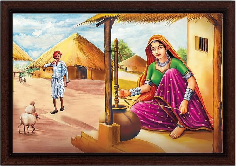 Masstone Rajasthani Village Framed Wall Painting - Image 1