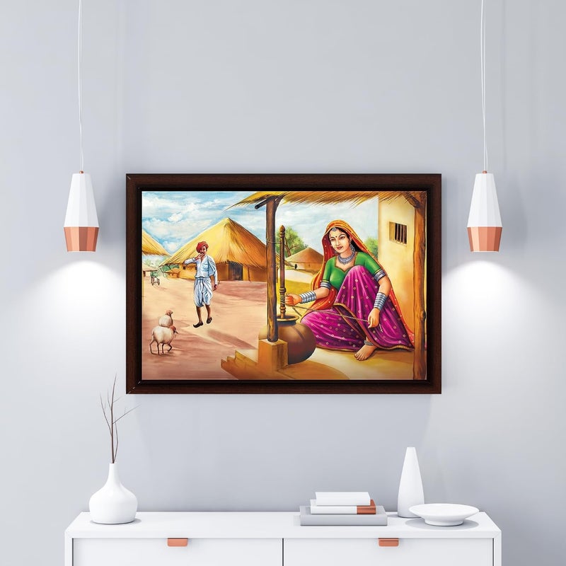 Masstone Rajasthani Village Framed Wall Painting - Image 4