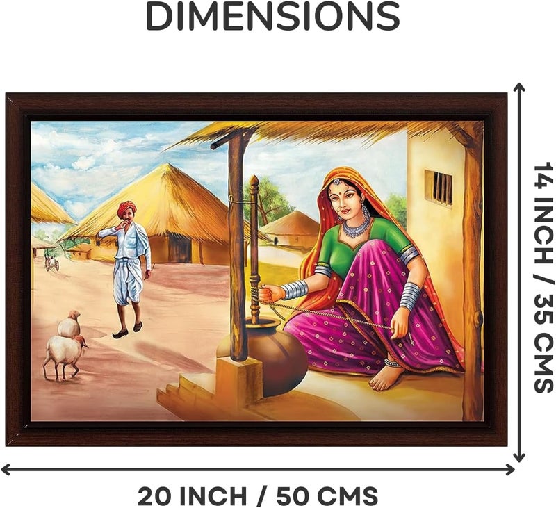 Masstone Rajasthani Village Framed Wall Painting - Image 2