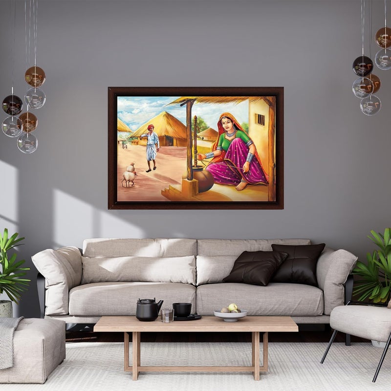 Masstone Rajasthani Village Framed Wall Painting - Image 3