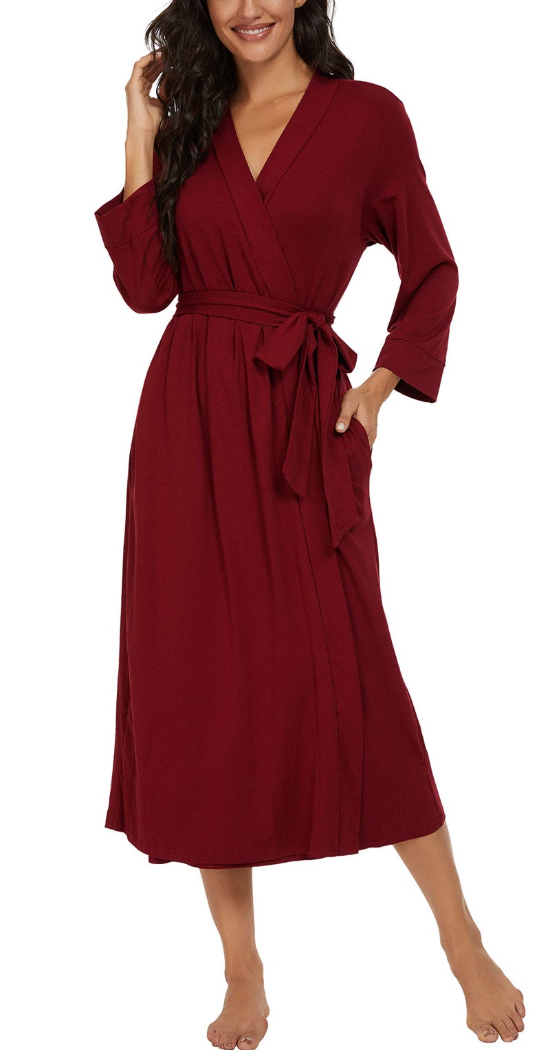 VINTATRE VINTATRE Women Kimono Robes Long Knit Bathrobe Lightweight Soft Knit Sleepwear V-neck Casual Ladies Loungewear Wine Red-Medium  - Image 3