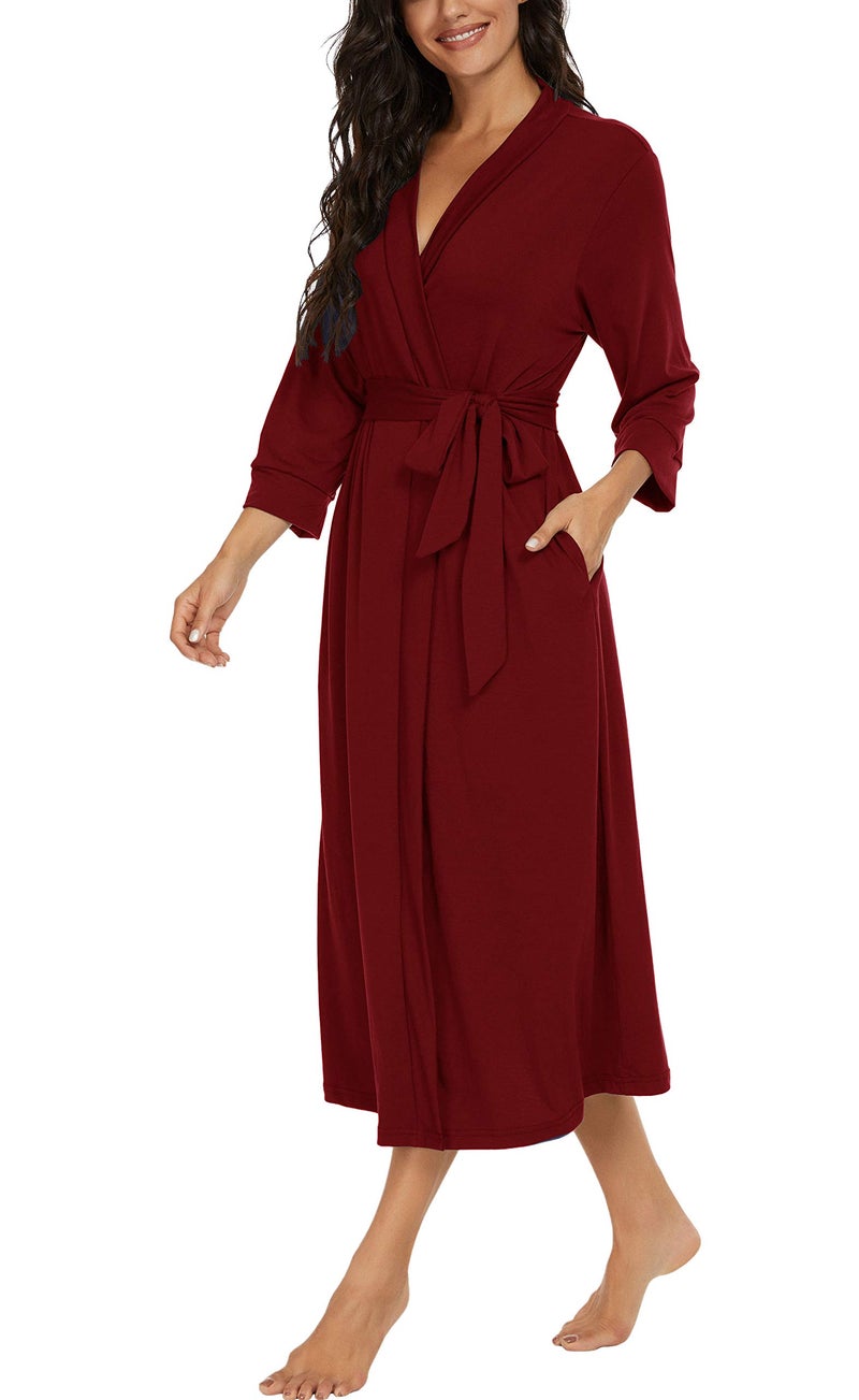 VINTATRE VINTATRE Women Kimono Robes Long Knit Bathrobe Lightweight Soft Knit Sleepwear V-neck Casual Ladies Loungewear Wine Red-Medium  - Image 2