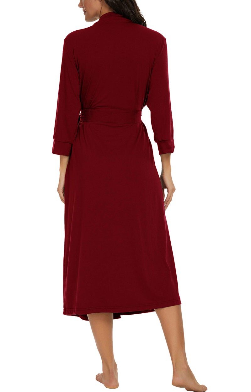 VINTATRE VINTATRE Women Kimono Robes Long Knit Bathrobe Lightweight Soft Knit Sleepwear V-neck Casual Ladies Loungewear Wine Red-Medium  - Image 5