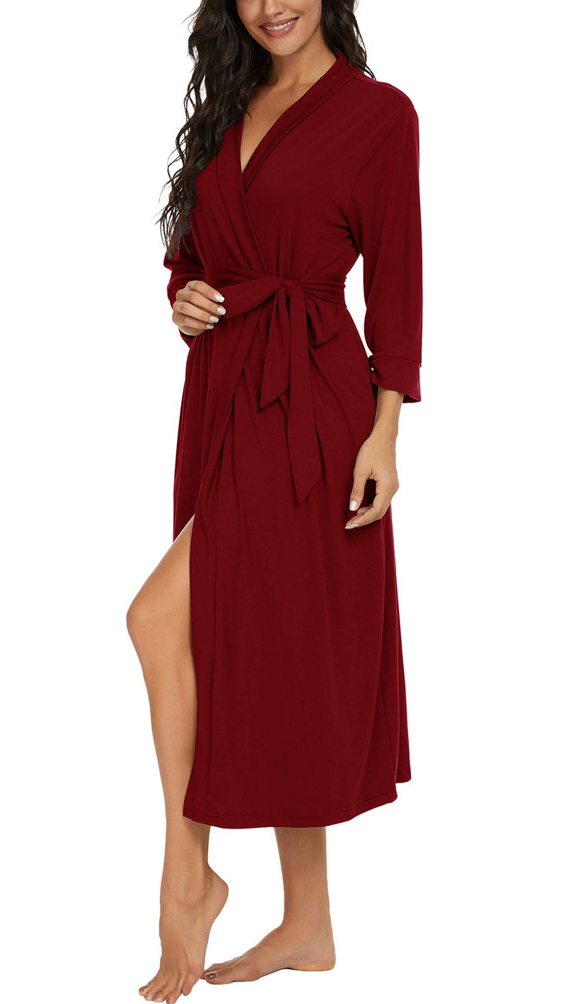 VINTATRE VINTATRE Women Kimono Robes Long Knit Bathrobe Lightweight Soft Knit Sleepwear V-neck Casual Ladies Loungewear Wine Red-Medium  - Image 4