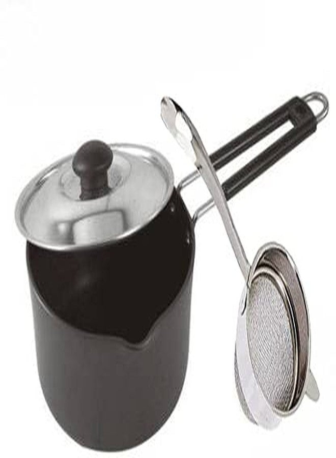 Stephy Hard Anodised Sauce Pan/Milk Pan(18.5 cm) 2 LTR. with Aluminium Lid and Stainless Steel Strainer_Pack of 1 - Image 1