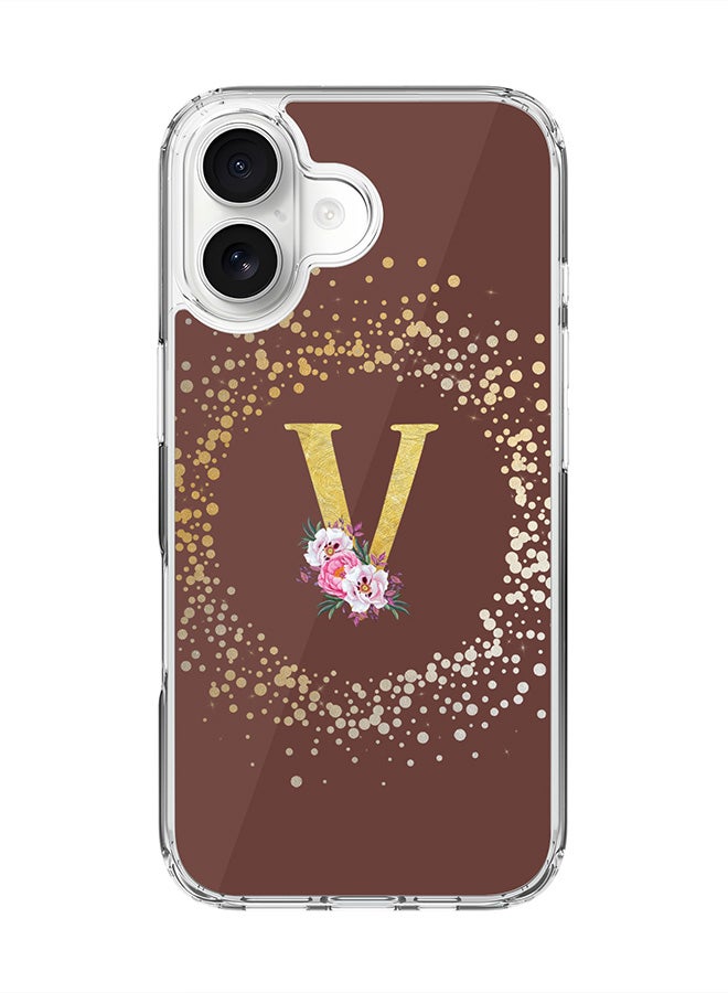 Stylizedd Classic Clear MagSafe Case for iPhone 17 , Hybrid Soft Case Flexible Edges Anti Drop TPU PC Gel Thin Transparent Cover [ Designed for iPhone 17 ] - Custom Monogram Initial Letter Floral Pattern Alphabet - V  (Brown )