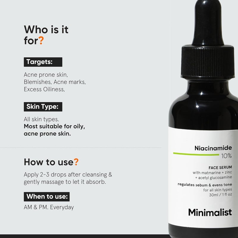 MINIMALIST سيروم الوجه المضاد لحب الشباب مع 10% نياسيناميد وزنك للتحكم في الزيت وتوضيح البشرة 30 مل عبوة واحدة - Image 2