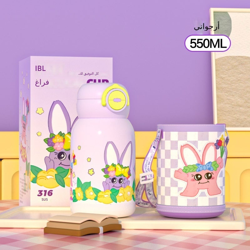 316 Stainless Steel Cartoon Kids Water Bottle with Dual Drink Lid - Portable Large Capacity Insulated Thermos with Straw for School, Travel  (HBL)