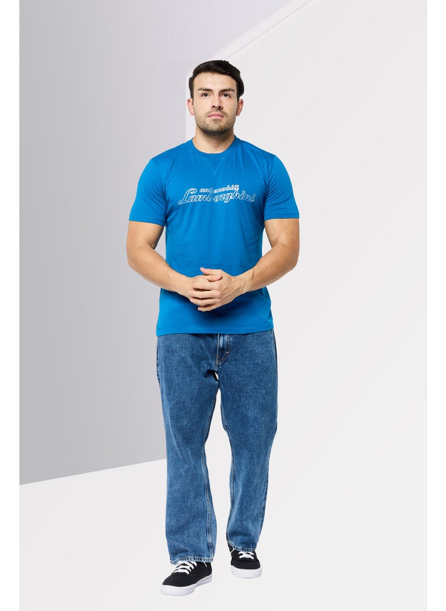 LAMBORGHINI - Men Crew Neck Short Sleeves Brand Logo T-Shirt, Blue - Image 1