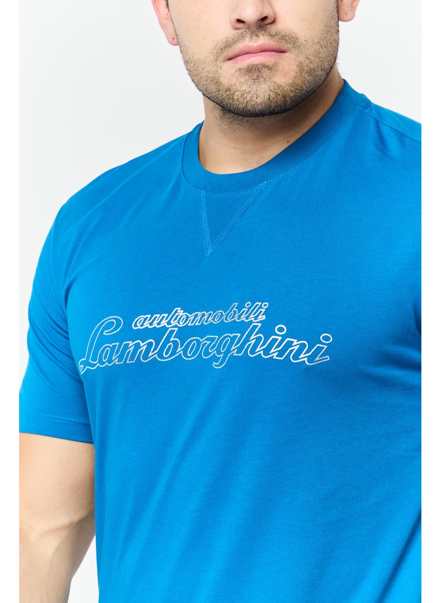 LAMBORGHINI - Men Crew Neck Short Sleeves Brand Logo T-Shirt, Blue - Image 1