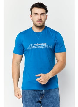 Men Crew Neck Short Sleeves Brand Logo T-Shirt, Blue