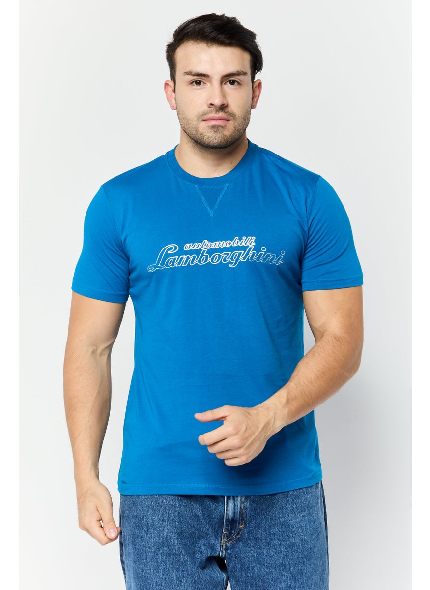 LAMBORGHINI - Men Crew Neck Short Sleeves Brand Logo T-Shirt, Blue - Image 1