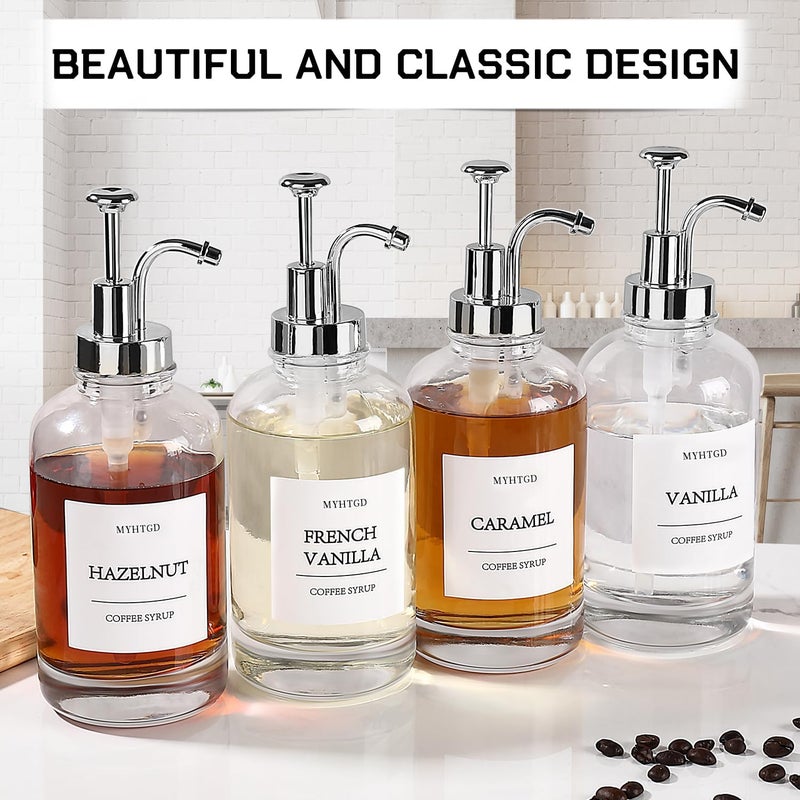 MHDCLY Coffee Bar Accessories, Coffee Syrup Dispenser - 4pack,16.9oz Syrup Dispenser with Labels ，Syrup Pump Dispenser for Coffee Bar(Silver pump) - Image 2