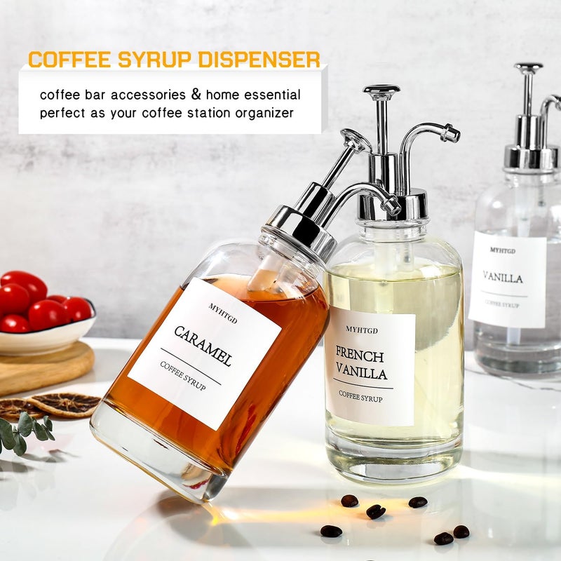 MHDCLY Coffee Bar Accessories, Coffee Syrup Dispenser - 4pack,16.9oz Syrup Dispenser with Labels ，Syrup Pump Dispenser for Coffee Bar(Silver pump) - Image 5