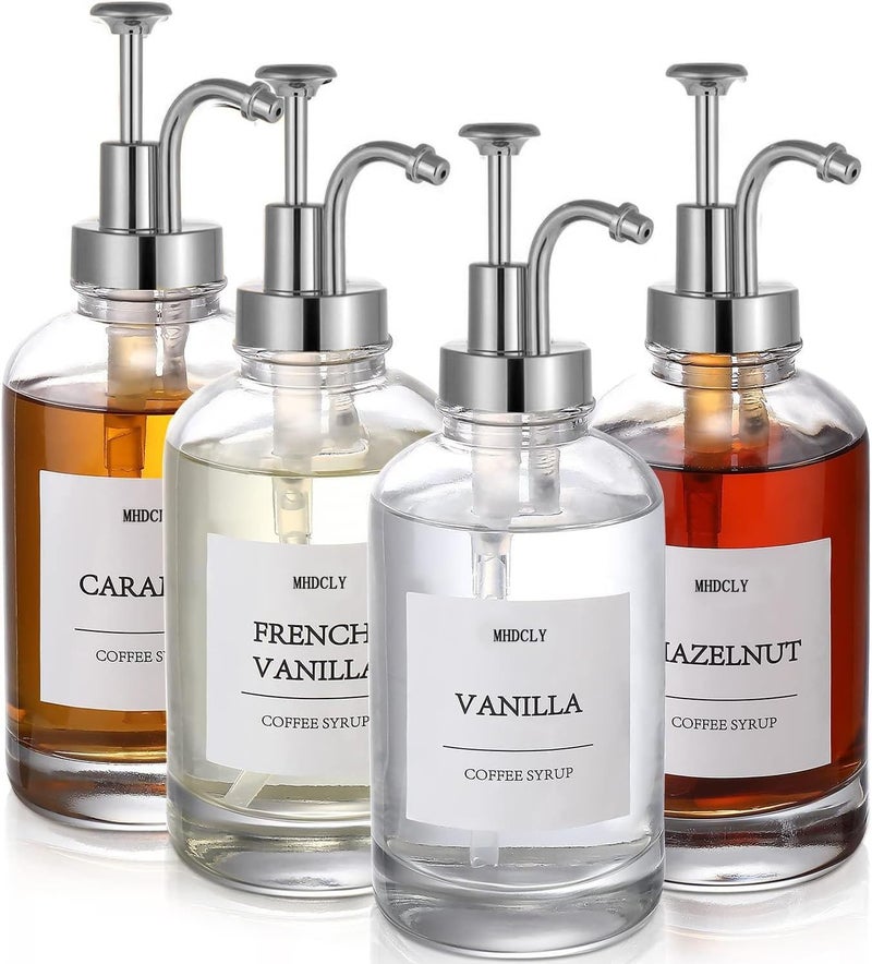 MHDCLY Coffee Bar Accessories, Coffee Syrup Dispenser - 4pack,16.9oz Syrup Dispenser with Labels ，Syrup Pump Dispenser for Coffee Bar(Silver pump) - Image 1
