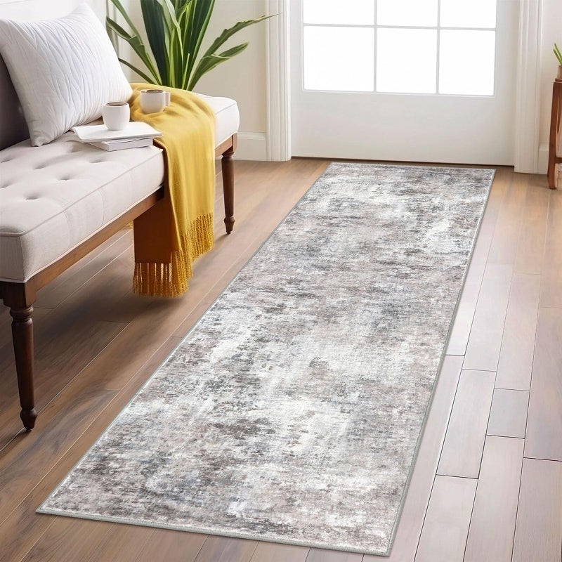 Lansny Modern Abstract Runner Rug 2x6 Beige Grey Washable Kitchen Runner NonSlip Soft Hallway Rug Runner Thin Print Faux Wool Carpet for Entryway Bedroom Laundry Room Indoor Home Decor