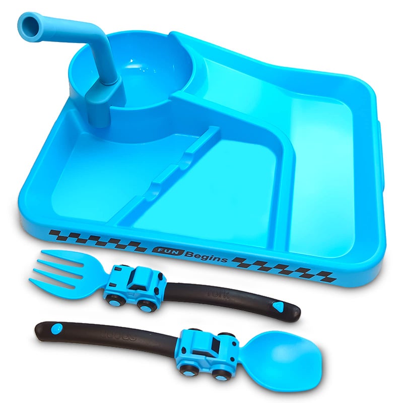 Deinyi Construction Toddler Plates Toddler Eating Utensil Set with Removable Straw Easter Gifts Baby Plates Feeding Set for Stocking Stuffers and Birthday Gifts Blue
