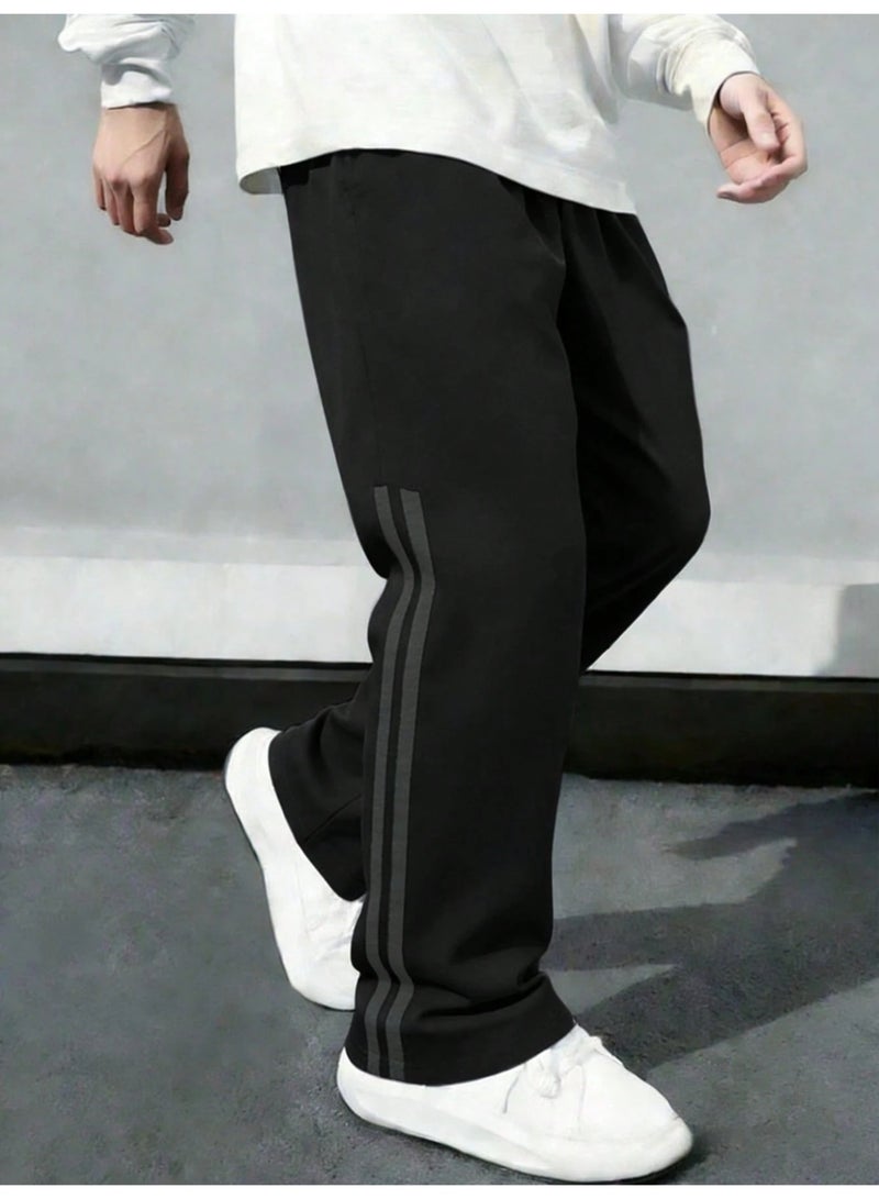 Men's Casual Pants Black Straight Wide Leg Sweatpants with Side Stripe Athletic Track Pants Streetwear Trousers For Men - Image 1