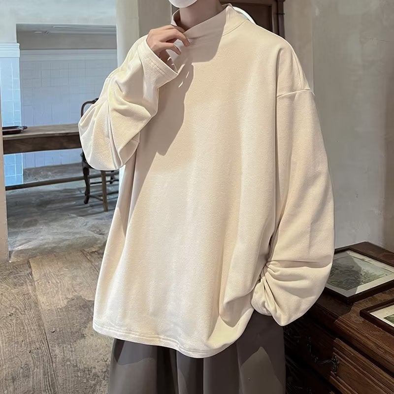 De Velvet Sweater Men'S Half Turtleneck Long-Sleeved T-Shirt With Windbreaker Inner Top Plus Size - Image 2