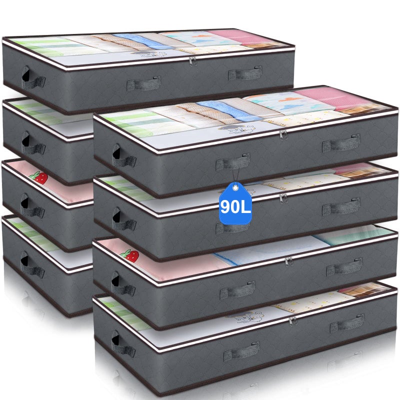 Budding Joy 90L Under Bed Storage Containers Large Capacity Underbed Storage Bags Organizer Thick Fabric Storage Bins with Clear Window and Reinforced Handles for Blanket Comforter Bedding Clothes 8 Pack