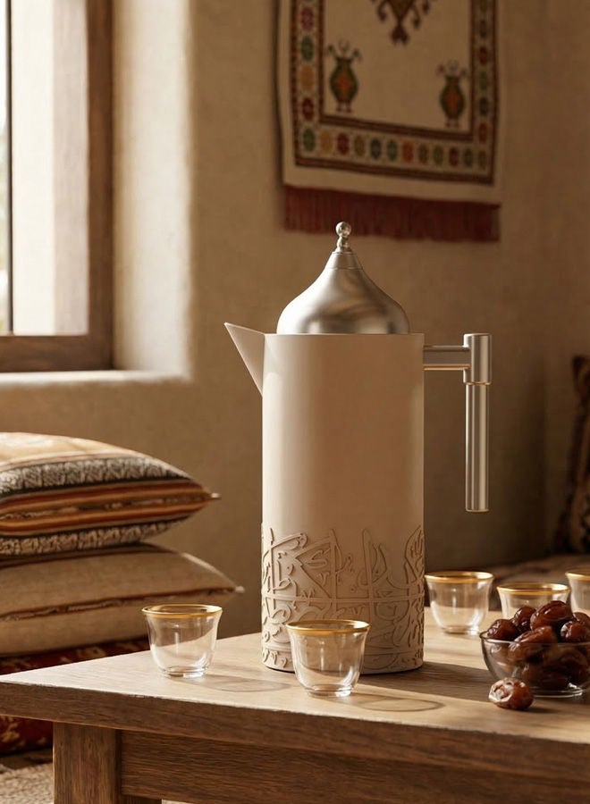 غزال ترمس شاي/قهوة بيج وفضي سعة 1.0 لتر مع زجاج بوروسيليكات داخلي - Image 1